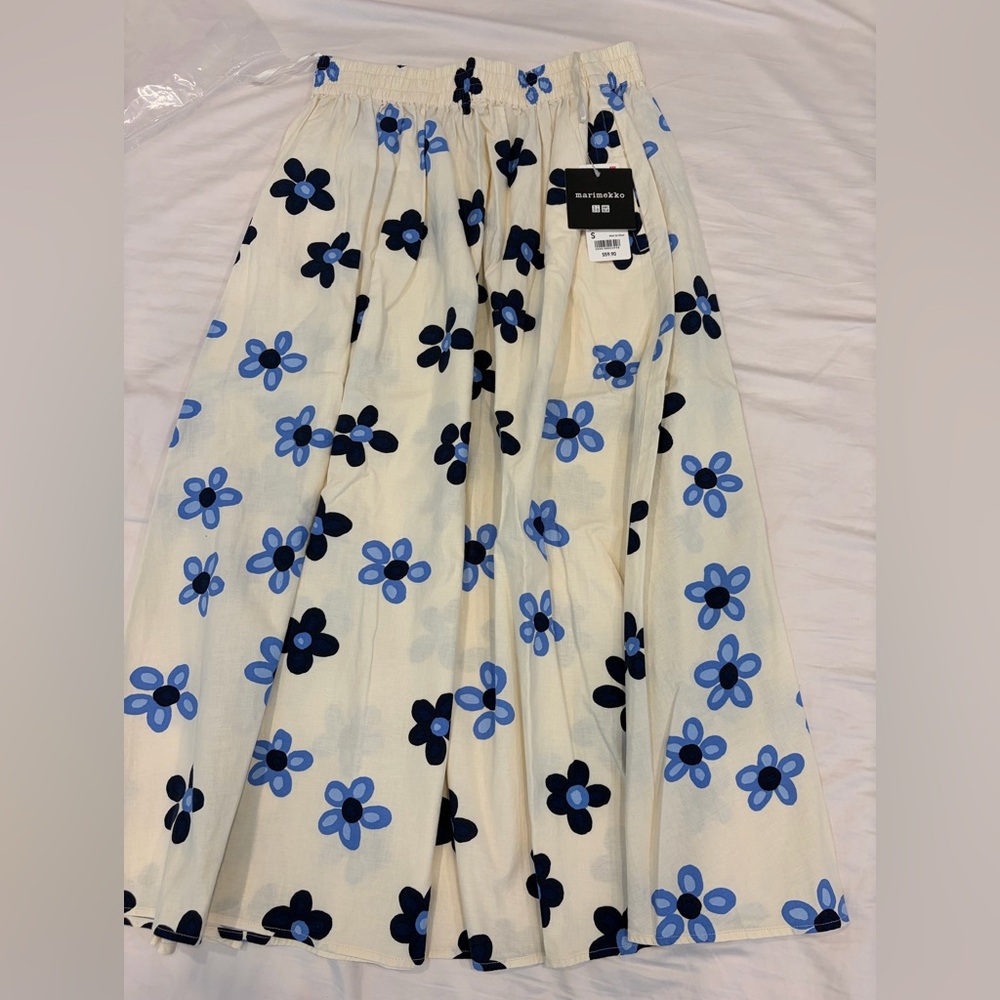Marimekko Cream Maxi Skirt with Light Blue & Navy Floral Print